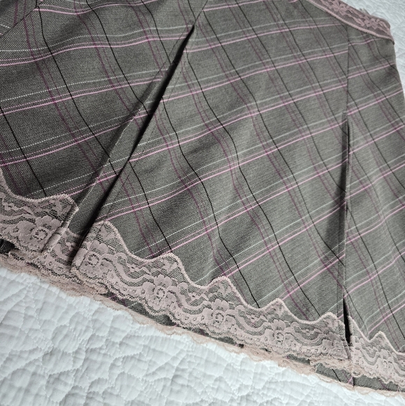 Etam Pink And Grey A-Line Plaid Lace Trim Pleated Knee Length Skirt - Picture 10 of 11